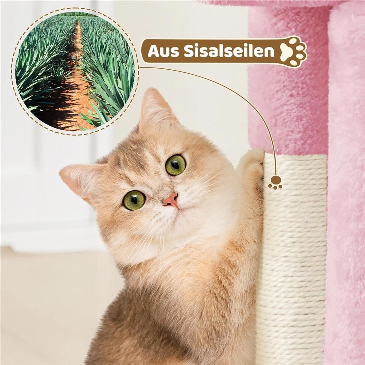 Yaheetech Kratzbaum mit Hängematte - ausgestattet mit gemütlicher Katzenhöhle und zwei Sisalpfosten und weichem Liegeplatz - für Kätzchen und kleine Katzen - hellrosa Plüsch und Sisal - 40,5 x 40,5 x 59 cm