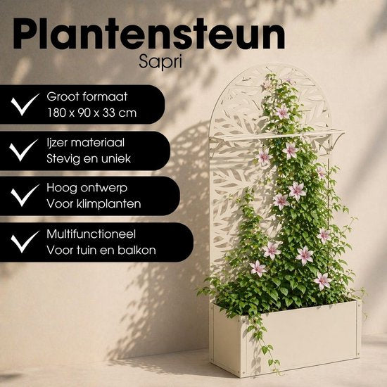 Mica Decorations Sapri Pflanzenstütze – Pflanzkübel mit Klettergitter für Kletterpflanzen – Pflanzenständer, freistehend oder an der Wand – 90 x 33 x 180 cm – Off White