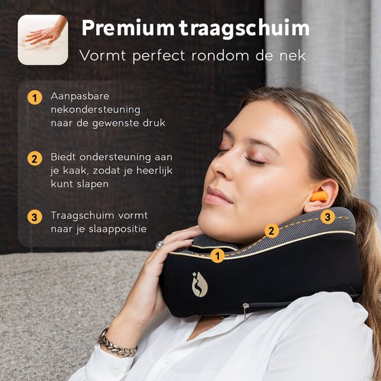 TRAVARA Nackenkissen - Reisekissen - Für Flugzeug - Auto - Memory Foam - Mit Ohrstöpseln - Schwarz