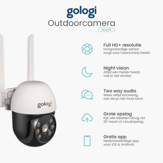 Gologi Außenkamera - Außenkamera mit Nachtsicht - Sicherheitskamera - IP-Kamera - Sicherheitskamera - 4x Digitalzoom - 3MP - Mit Wifi und App