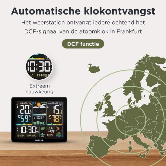 LONQ - Innen- und Außenwetterstation Q5 - Inkl. Batterien - Funkwetterstation mit Außensensor - Thermometer Hygrometer - Farbdisplay - DCF-gesteuerte Uhr - Schwarz