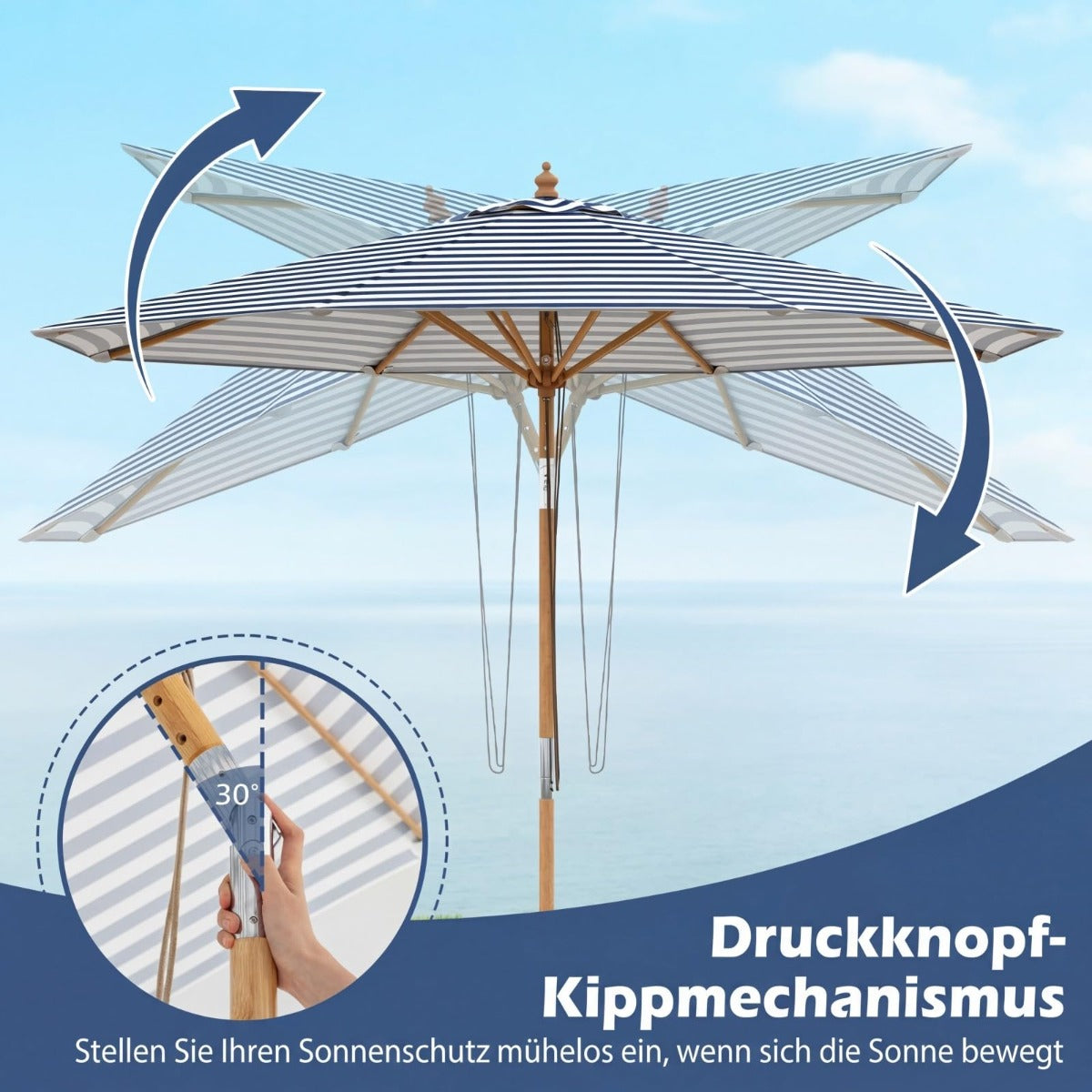 Coast Holz-Sonnenschirm 270 cm – blau-weiß gestreift