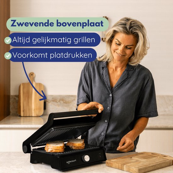 Safecourt Kitchen Toasted Sandwich Maker - Panini Grill und Toasted Sandwich Eisen - Abnehmbare PFAS-freie Platten & spülmaschinenfest - Große Grillfläche - Schnelle Hitze - Kontaktgrill - Schwarz