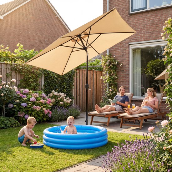 Tristar Stabsonnenschirm – quadratisch – 200 x 200 cm – Balkon & Garten – neigbar – inkl. Schutzhülle – PA-7902 – Beige