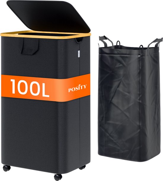 Posity Wäschekorb auf Rädern - 100 Liter - faltbar - Wäschekorb aus Stoff - Wäschekorb - mit Deckel & Griffen - Bambus - inkl. Wäschesack - Schwarz
