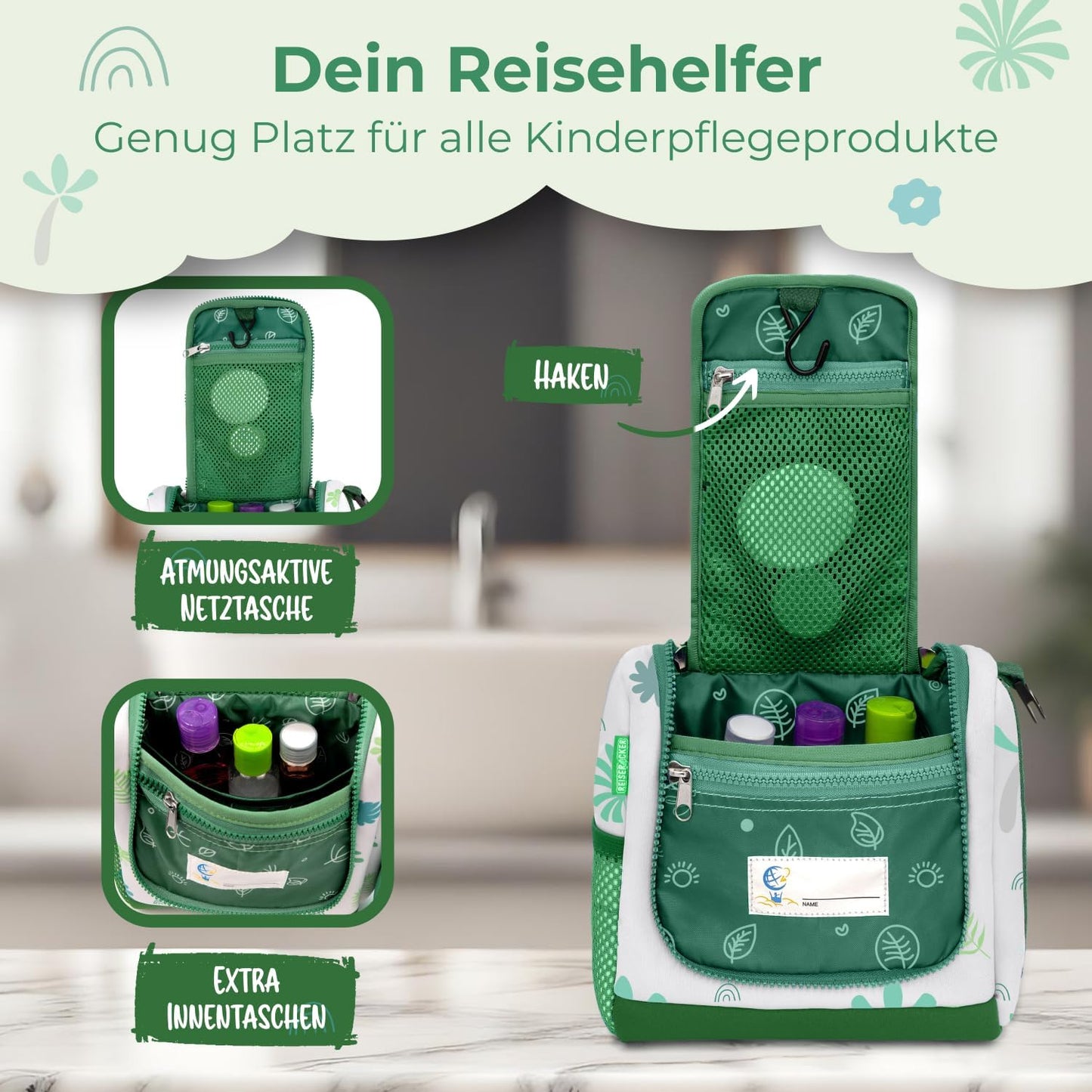 REISERACKER Kulturbeutel für Kinder - 21 x 9 x 18 cm - grün