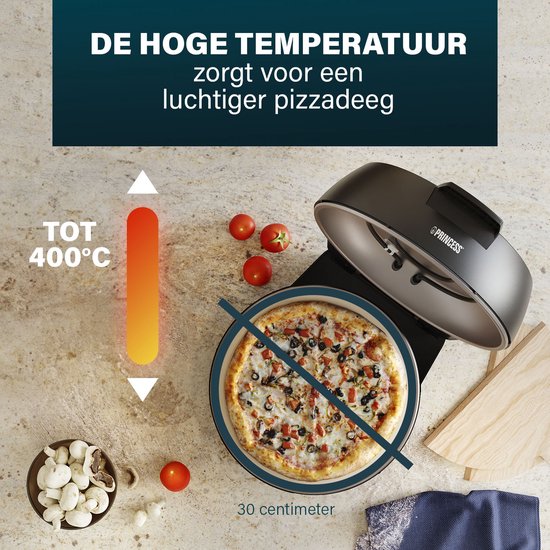 Princess 115005 Pizzaofen – Pizzabacker und Ofen – Einstellbarer Thermostat und Timer – 1200 W – Keramik-Pizzastein – 410 Grad – Durchmesser 30 cm – Schwarz