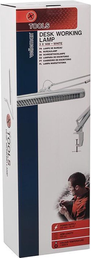 Velleman Schreibtischleuchte mit Klemme, schwenkbarem Arm, Ein-/Ausschalter, 60 cm breit, 3x 14 W, 6500 K, weiß