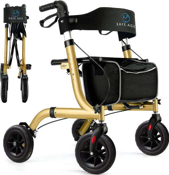 Safe Life® Rollator - Leicht und faltbar - Sitzfunktion - Für drinnen und draußen - Rückenlehne und Gehstockhalter - Gold