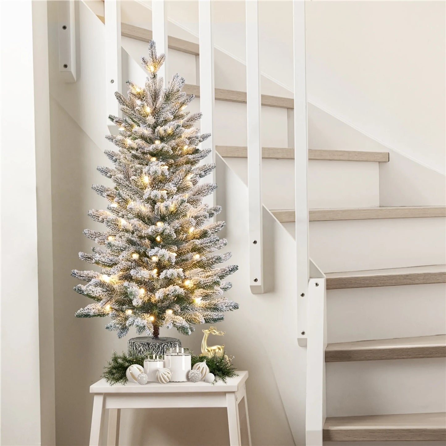 Yaheetech Tisch-Weihnachtsbaum mit Schnee und Lichtern - Φ55 x 92 cm - Mit 355 Zweigen und 50 LED-Lichtern und realistischem Stamm - Für Fensterbank und draußen - Grünes PVC und Metall