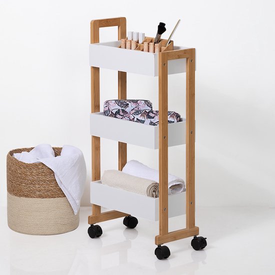 Küchenwagen mit 3 Ablagen – Bambusholz – weiß/braun – 41 x 20 x 80 cm – Badezimmer