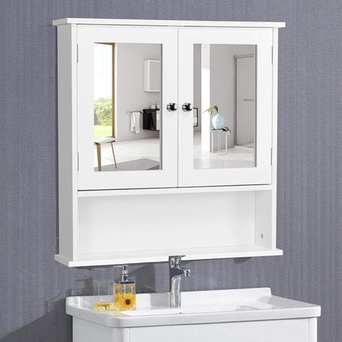 Yaheetech Badezimmerspiegelschrank mit 2 Spiegeltüren und offenem Stauraum – Weiß