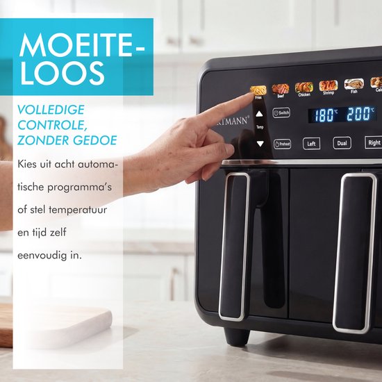 Doppel-Heißluftfritteuse XXL 11 l - PFAS-freie Heißluftfritteuse – Infrarot – Dual Zone – 2 x 5,5 l – 40–200 °C – 8 Kochprogramme – 2850 W – WM-2511 AF – Schwarz