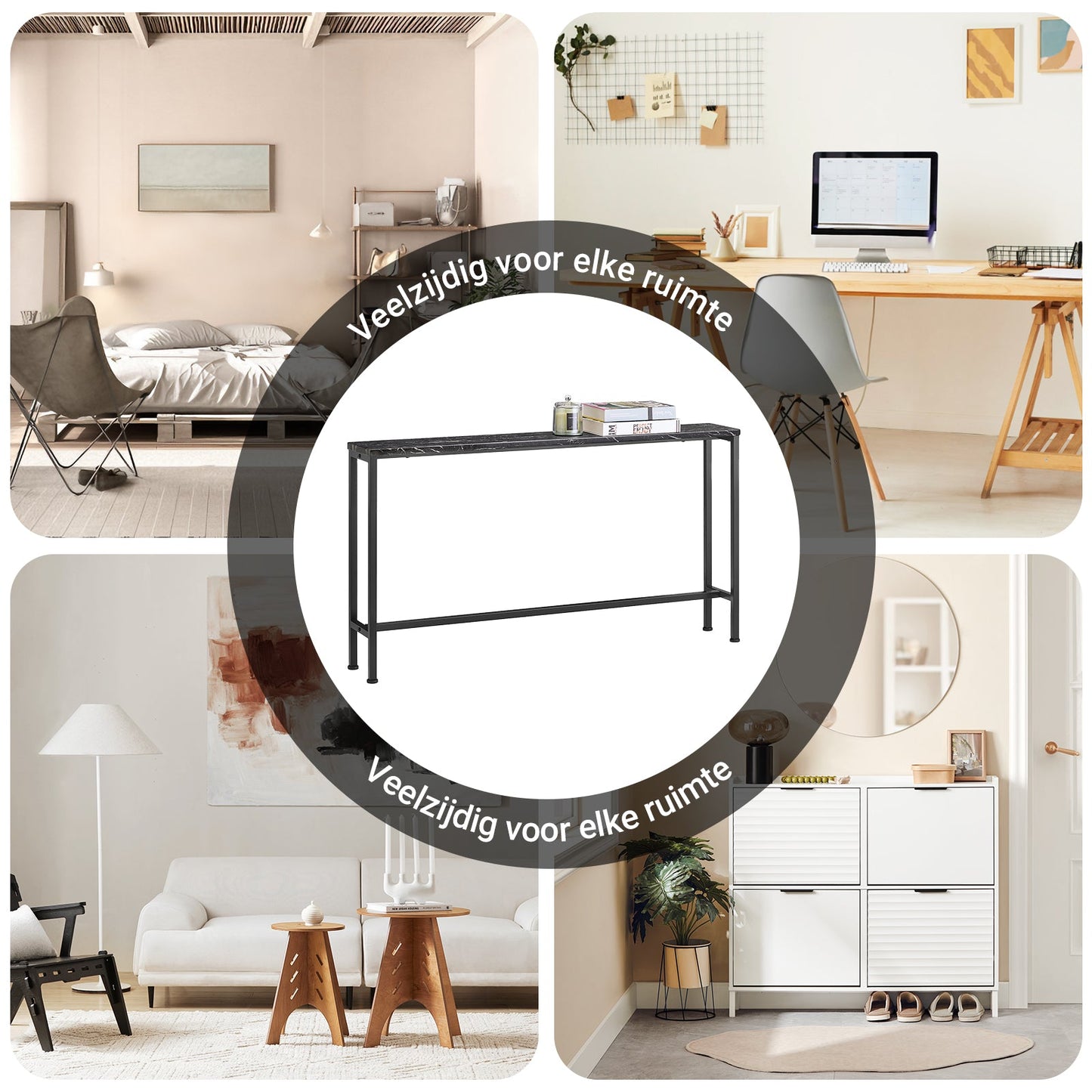 Sobuy Konsolentisch FSB19 SCH Beistelltisch – 120 cm lang, mit Tischplatte in Marmoroptik, schwarzem Metallgestell und Bodenschonern – für Flur und Wohnzimmer – Holz und Metall – 120 x 20 x 65 cm