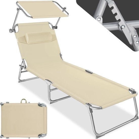 tectake - Liege, robust, verstellbar, Stahlgestell mit Sonnenschirm, 4-fach verstellbare Rückenlehne inklusive Kissen, Strandkorb Ideal für Garten, Pool, Camping- beige - 68 x 190 x 28 cm