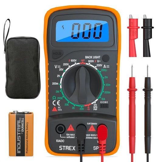 Strex - Digital-Multimeter - AC / DC - inkl. 9V Duracell-Batterie/ Zange & Aufbewahrungskoffer - Schwarz/Orange