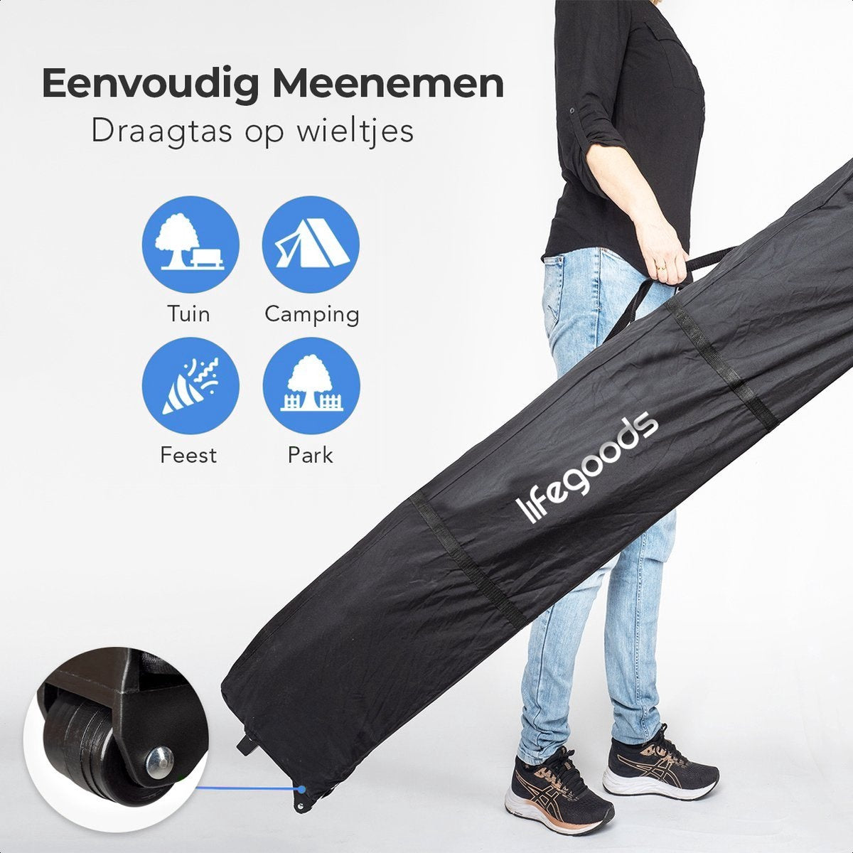 LifeGoods Partyzelt Pavillon 3,0 x 4,5 m Einfacher Aufbau Zusammenklappbar Wasserdicht Tragetasche mit Rädern Dunkelgrau