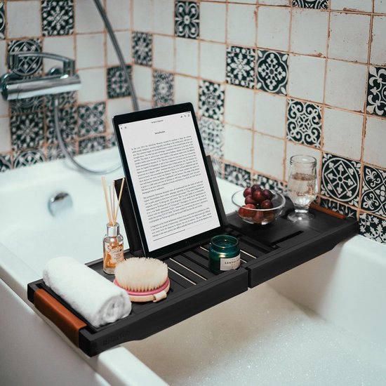 RelaxTub® Badewannenbrett - Badewannenbrett für die Badewanne - Badewannenregal - Verstellbar - Rutschfest - Badewannenbrett Schwarz - Badewannenbrett Holz - Badewannenregal mit Buchhalter, Tablet-Halter & Spiegel