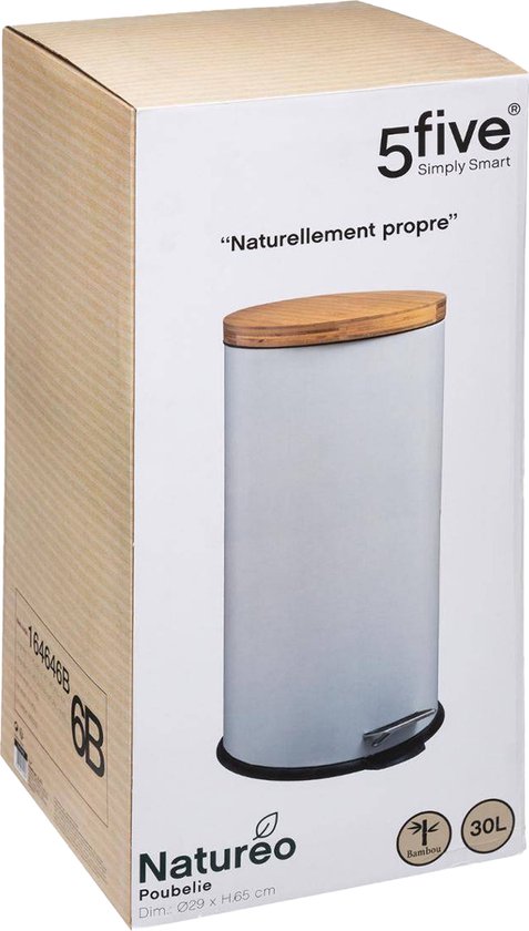 5Five Abfallbehälter/Treteimer Bambus – weiß – Metall – 30 Liter – 38 x 29 x 60 cm – Küche