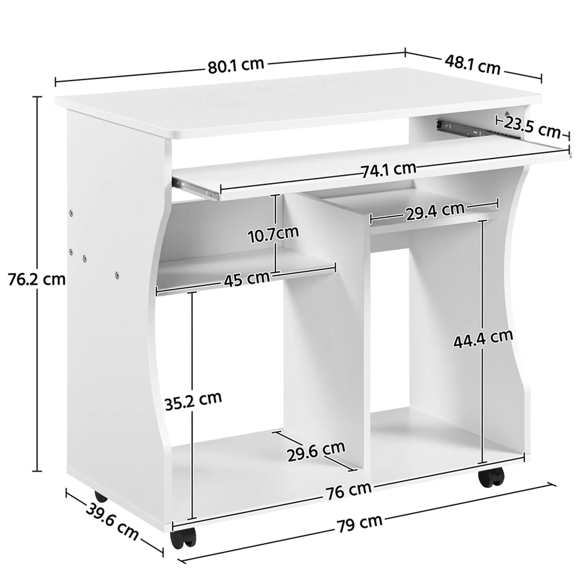 Yaheetech Computertisch auf Rädern - Mit ausziehbarer Tastaturschublade und zwei Ablagefächern und Bremsfunktion - Für Heimbüro und Schlafzimmer - Weißes Mdf und Metall - 80 x 48 x 76 cm