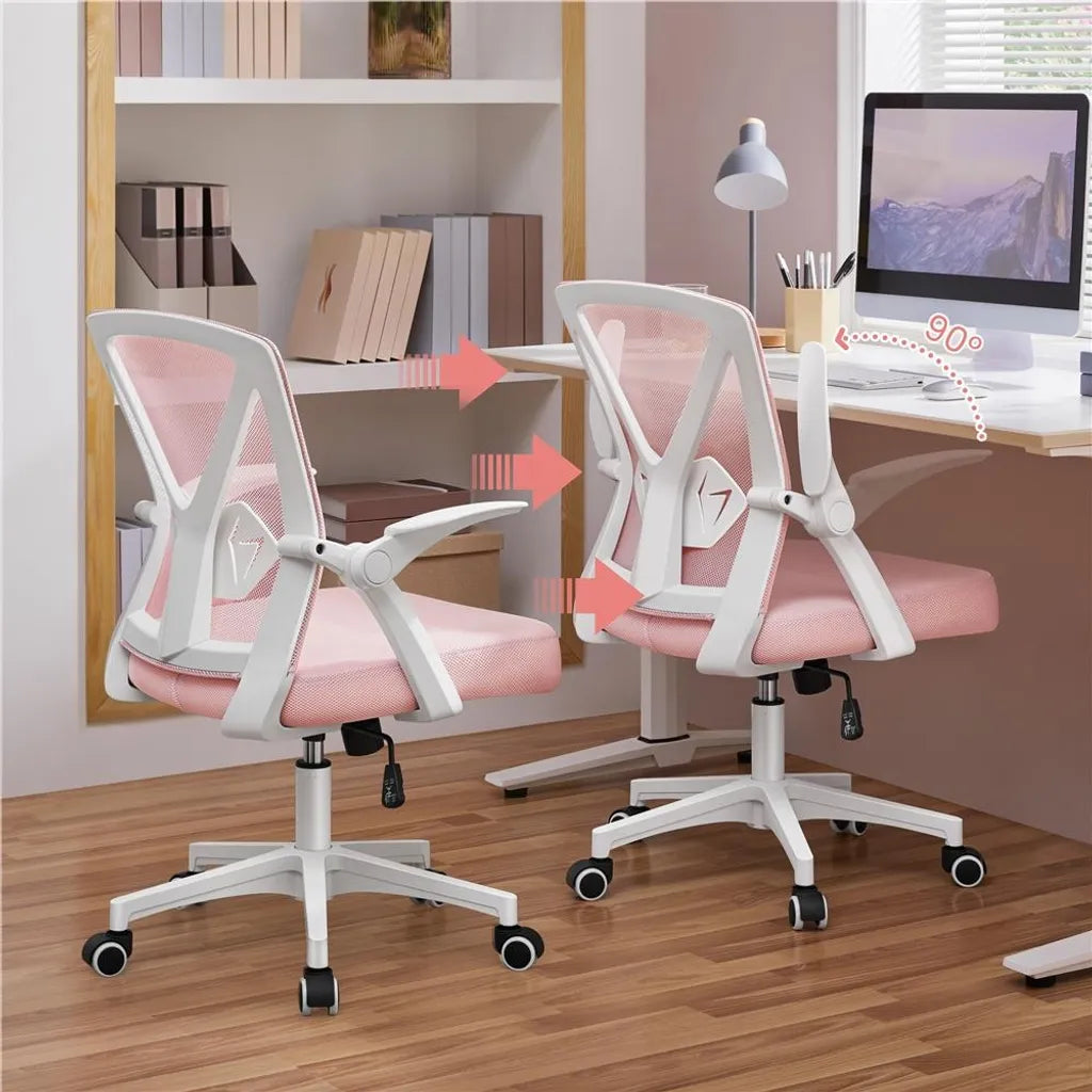 Yaheetech Ergonomischer Bürostuhl, verstellbar, 59 x 57,5 x 90–100 cm – Rosa – Netz-Bürostuhl mit klappbaren Armlehnen und Lendenwirbelstütze