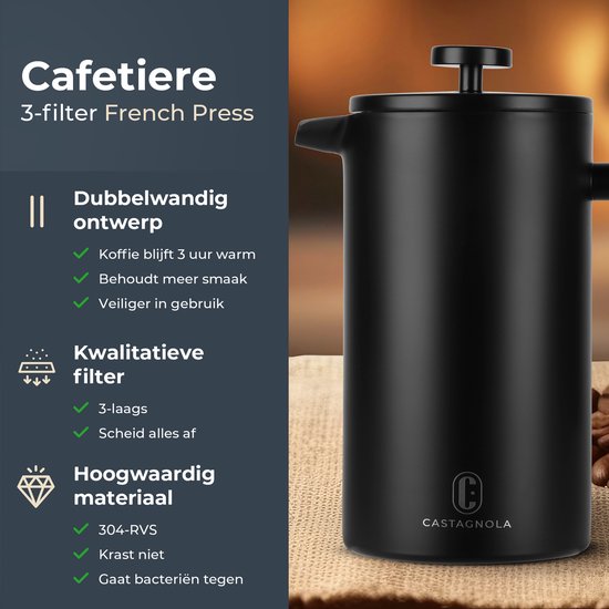 Castagnola Cafetière - Doppelwandige Kaffeemaschine - French Press - Edelstahl - 1 Liter - Schwarz