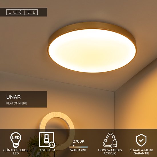 Lucide UNAR – Deckenleuchte – Ø 60 cm – LED 3-Stufen-Dimmer – 1x60 W, 2700 K – Mattgold / Messing