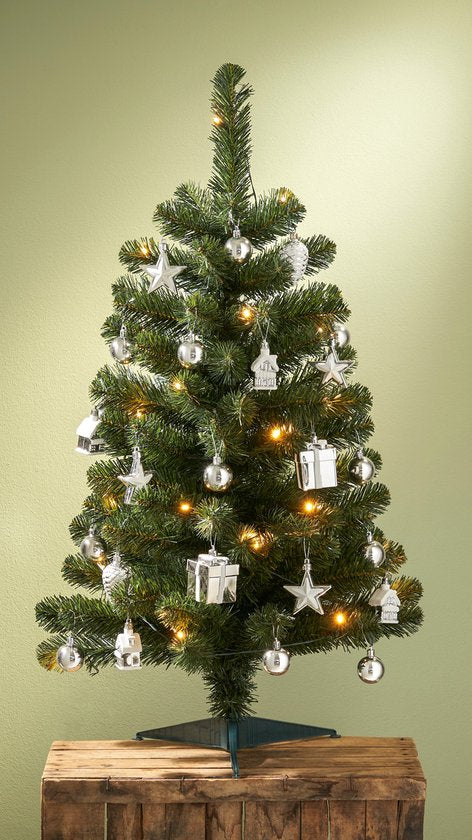 Black Box Trees Joy Kunstweihnachtsbaum – Mit 26 Christbaumkugeln und LED-Beleuchtung – H 90 x Ø 50 cm – Grün und Silber