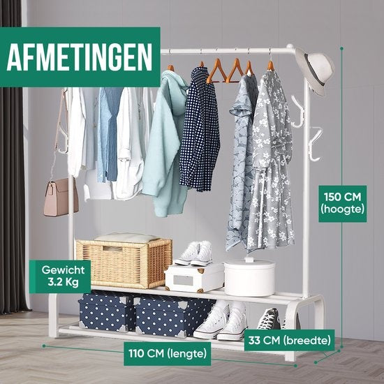 Avalo Industrial Clothes Rack - Metall - 110x33x150 CM - Weiß - Lagerung für Schuhe - Garderobe Rack mit Haken