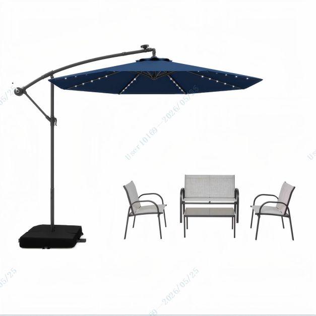 5-teiliges Gartenset mit 3 m Schwebeschirm und LED-Beleuchtung – Blau/Grau