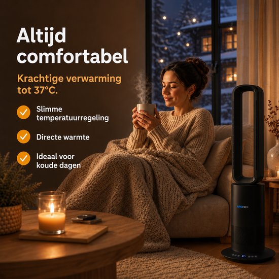 Aironex Kabelloser Ventilator Schwarz – Energieeffizienter Luftkühler – Luftkühler mit Schwenkfunktion – Heizen und Kühlen in einem – Ventilatoren – Tischventilator – Standventilator