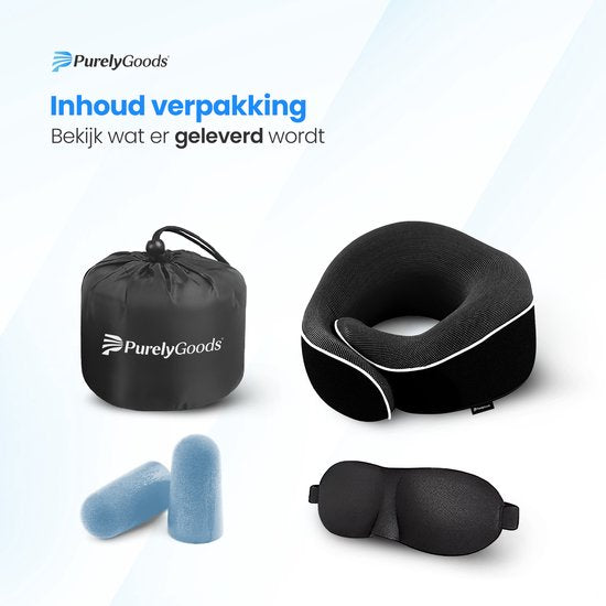 PurelyGoods® Nackenkissen - Luxuriöses Reisekissen-Set - Memory Foam - Flugzeug & Auto - Schwarz - inkl. Schlafmaske und Ohrstöpsel
