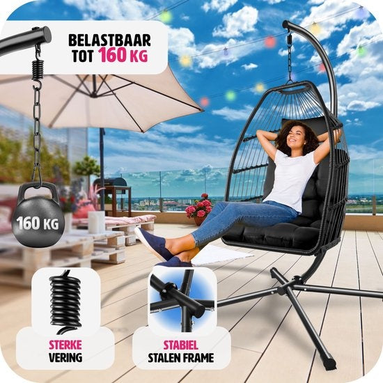 tectake - Hängesessel Ariane mit Ständer und Kissen 160kg - schwarz - 404981