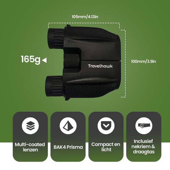 TravelHawk Fernglas - 10x25 - BAK4 - Voll multivergütet (FMC) - Kompaktes Fernglas - Wasserdicht - Mit Umhängekordel, Tragetasche - für Vogelbeobachtung, Jagd, Theater - Schwarz