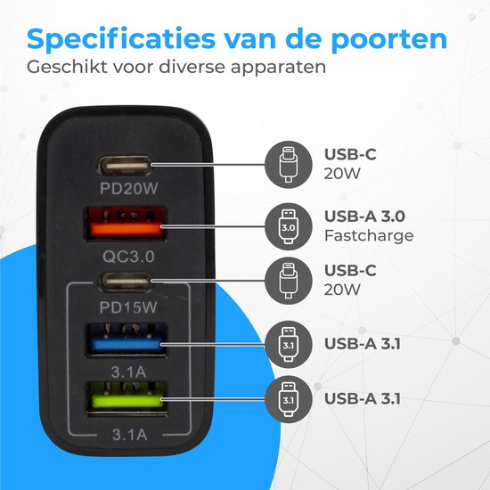 Nuvance - USB-Adapter - 5 Ports - USB-Stecker - USB-Ladegerät - Geeignet für jedes USB-Kabel - Schwarz
