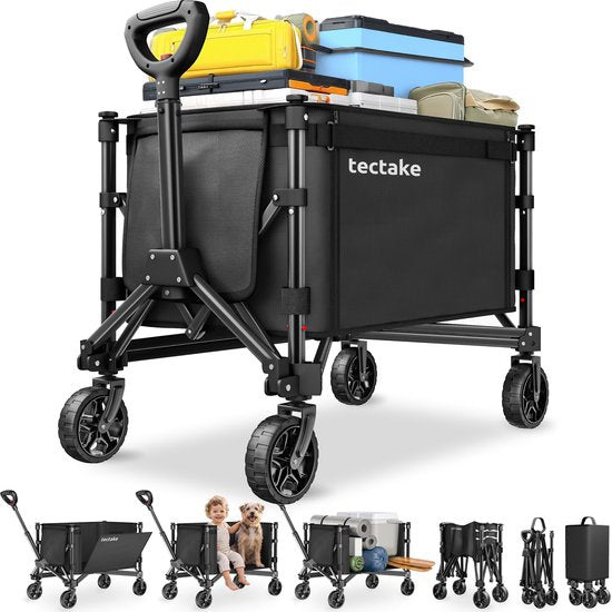 tectake® Handwagen – Zusammenklappbar – 60 kg Tragkraft – Schwenkbare Massivräder – 47 x 83 x 90 cm - Handkarren – Transportwagen – Mit verstellbarer Schiebestange – Handkarren – Wasserabweisender Transportwagen – Mit Ablagebrett und Innenfach