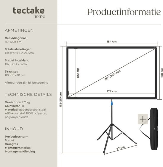 tectake® Beamer-Leinwand – 80 Zoll – 16:9-Projektionsleinwand mit Stativ – 4K HD – aufrollbar – ausziehbar – Projektionsleinwand – Präsentationsleinwand – inklusive Tragetasche