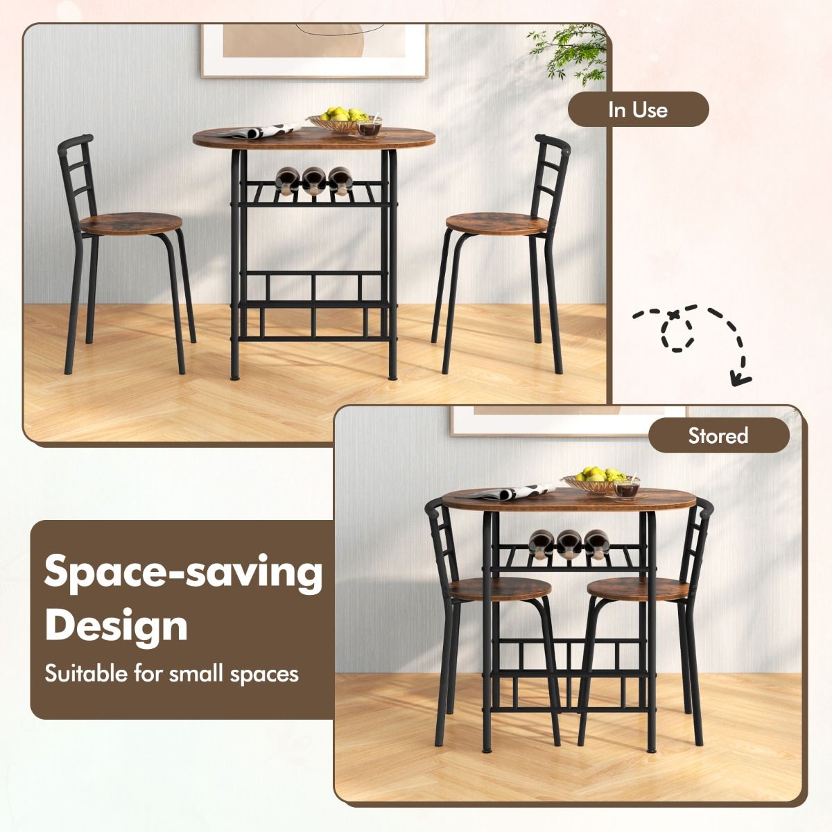 Coast Küchentisch und Stuhl Set für 2 Personen - Ovaler Tisch 80x53x77 cm mit 2 Stühlen, Weinregal, MDF und Metall, Braun/Schwarz
