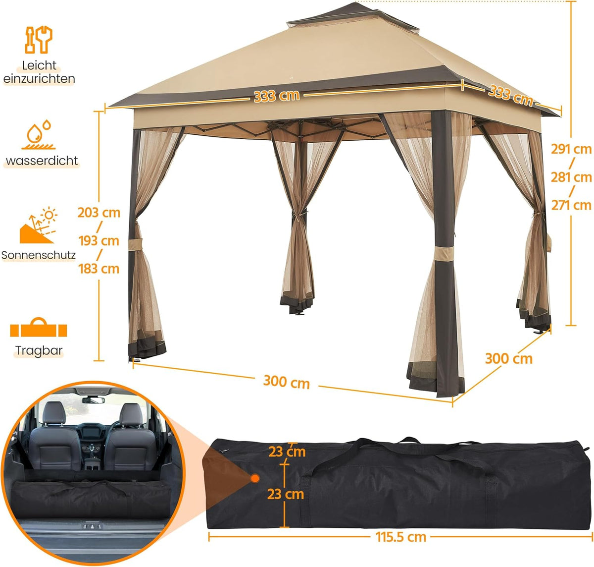 Yaheetech Pop-up-Pavillon 3,3 × 3,3 m mit 4 Netz-Seitenwänden und Tragetasche, Khaki/Braun