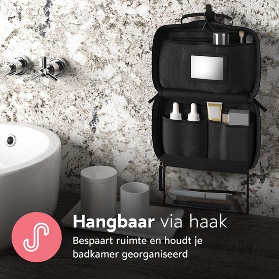 ONYX Kulturtasche Schwarz - Schminktasche - Kosmetiktasche - Intelligentes Layout - Beautycase & Schminkspiegel - Kosmetiktasche zum Aufhängen mit Haken - Damen und Herren - Größe: M