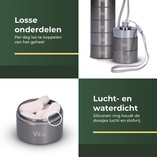 Gandria Pillendose 7 Tage - Herausnehmbare Pillendose - Pillendose mit 7 Fächern - Medikamentenbox mit stabilem Verschluss - Hülle - Wasserdicht - Grau