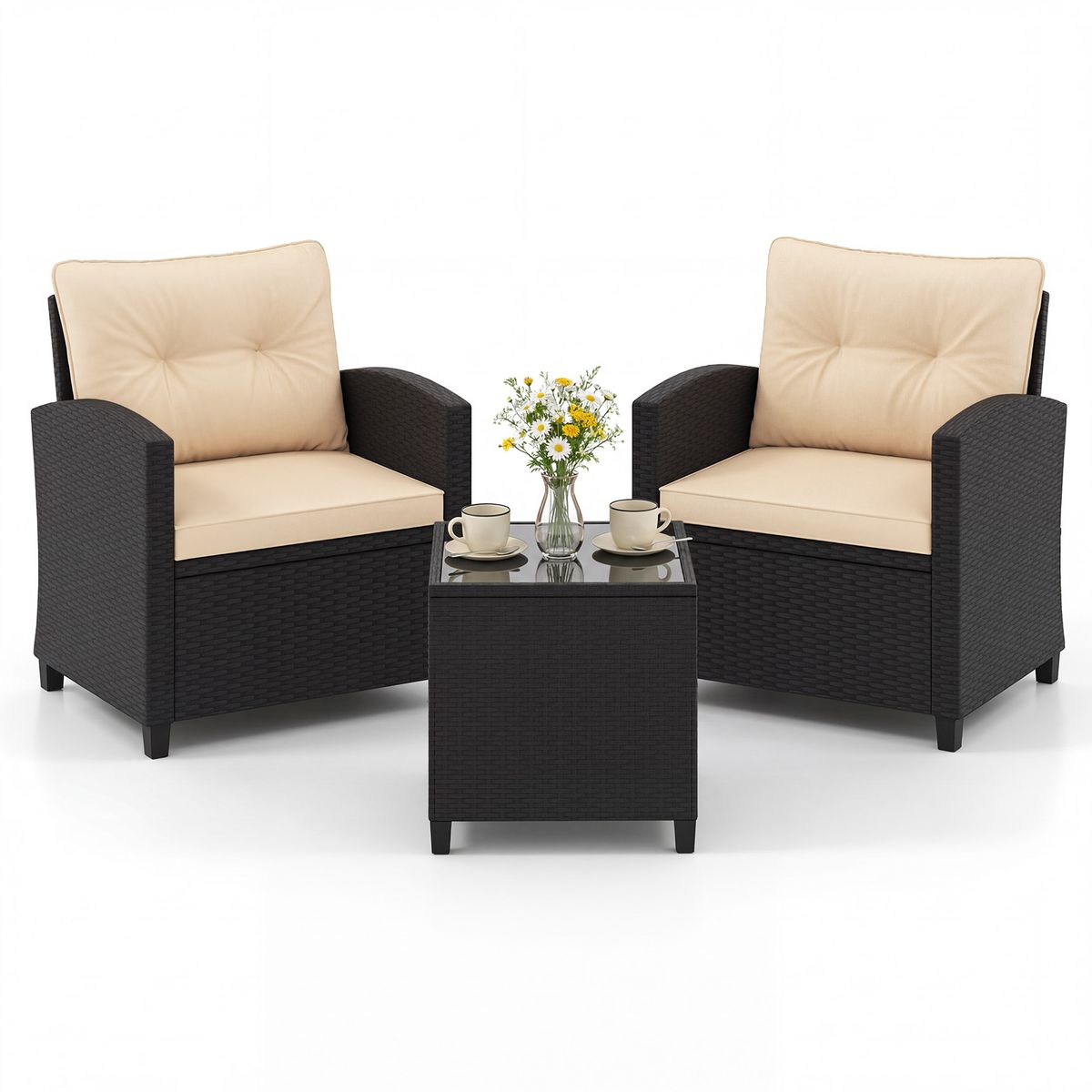 Coast 3-teiliges Rattan-Lounge-Set – mit Sitz- und Rückenkissen – Beistelltisch – beige