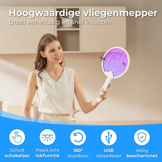 Nuvance Elektrische Fliegenklatsche - 180° drehbarer Griff - Mückenlampe - Usb aufladbar - Fliegenklatsche - Mückenfänger - Uv - Weiß