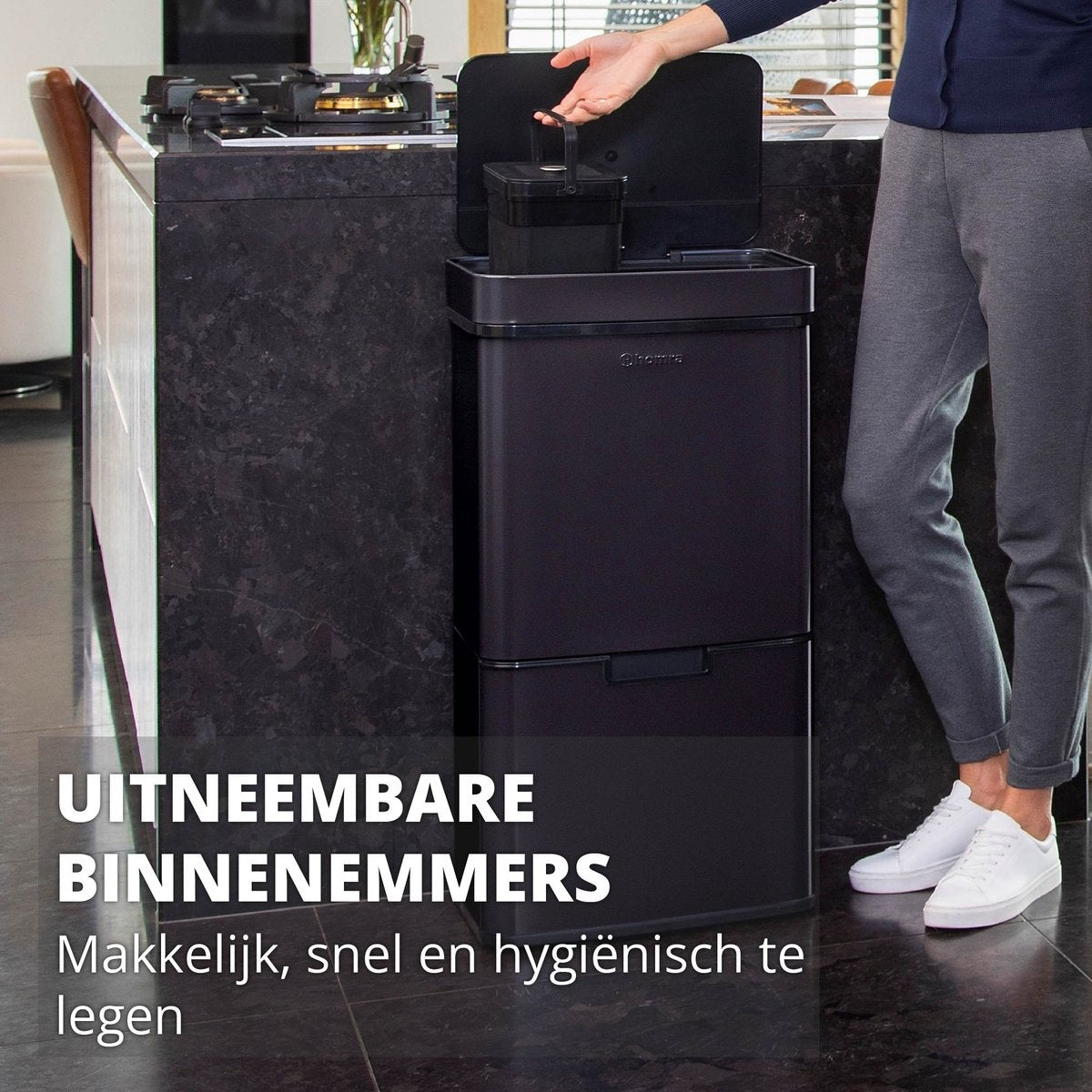 Homra NEXO Sensor-Abfalltrennbehälter Schwarz 72 Liter - 3 Fächer - 2x12L + 48L - Infrarot-Sensor
