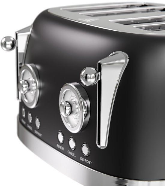 KitchenBrothers Retro-Toaster - Toaster - 6 Heizstufen - 4 extra breite Schlitze - 815W - Schwarz