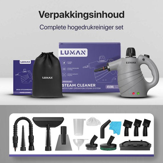 LUMAN 16-in-1 Dampfreiniger C1 - Handdampfreiniger - Handdampfer - Küche, Bad & Sofa reinigen - Fleckenreiniger - 1050 Watt - 450 ML - Grau