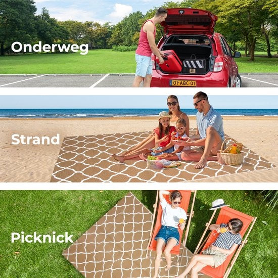 LifeGoods Outdoor Teppich - 152x230CM - Gartenteppich - Reversibel - Inkl. Tragetasche - Mit Muster - Beige/Weiß