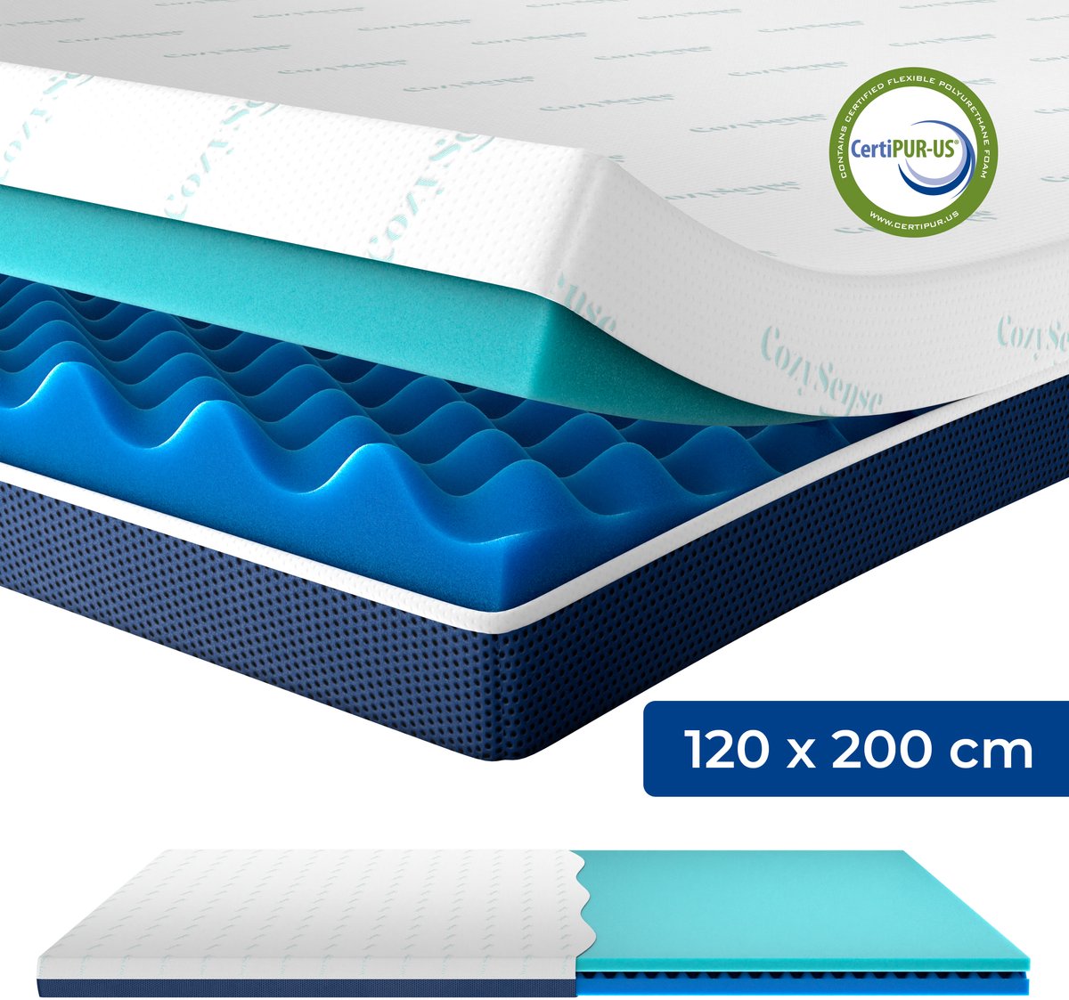 CozySense DualFeel Topper 120x200 cm - Kühle & Warme Seite - 7,5 cm - Mittlerer Komfort - Weiß/Blau