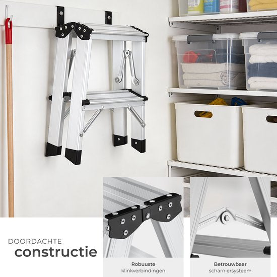 tectake® Doppelseitige Aluminium-Küchenleiter – 2 Sprossen – 38,5 cm – Stabile Leiter – Zusammenklappbare Trittleiter – Rutschfeste Haushaltsleiter