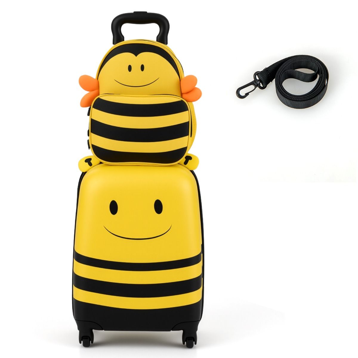 Coast Kinderkoffer- und Rucksack-Set – Bienenmotiv – Mit Rollen und Sicherheitsband – Gelb